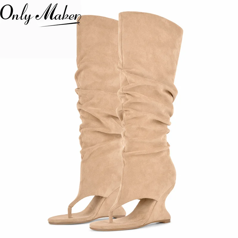 Onlymaker Open Toe Thong Knee High Boots Ruched Faux Suede Wedge Unique Curved Heel  Slip On Fashion Party Dress Boots