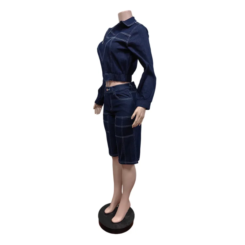 Damen-Denim-2-Teiler-Outfit mit Kontrastnähten, Reißverschluss-Crop-Jacke, hochtaillierter knielanger geradem Hosen, Y2K-Streetwear-Matching-Set – Detail 7
