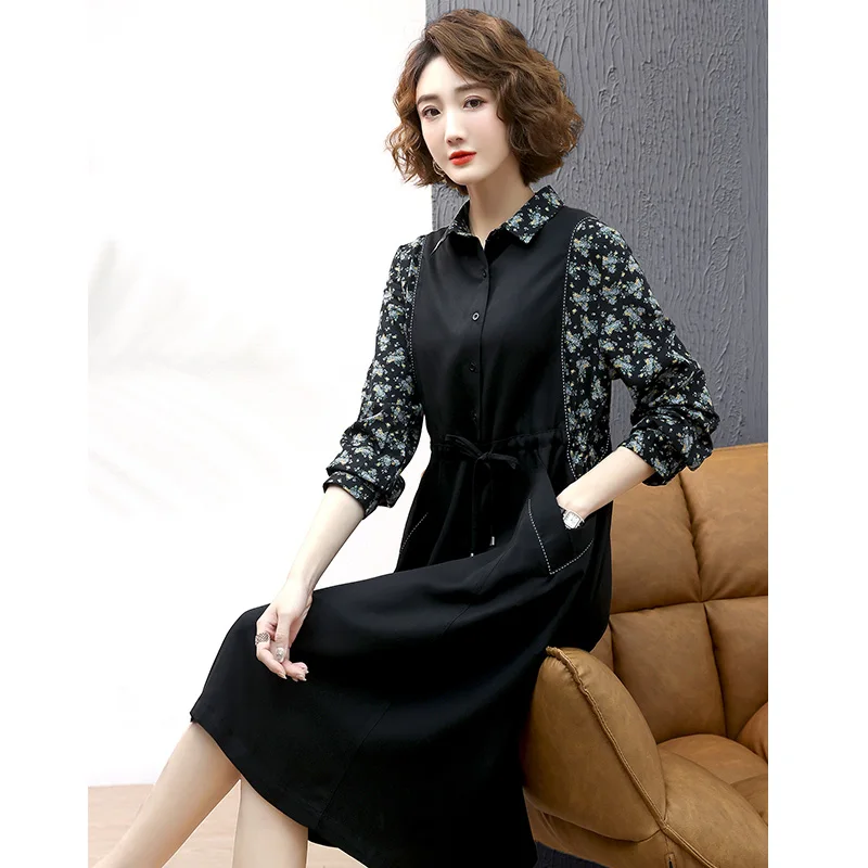 

Dress women's long sleeved spring 2022 new medium length mother's floral a-length skirt