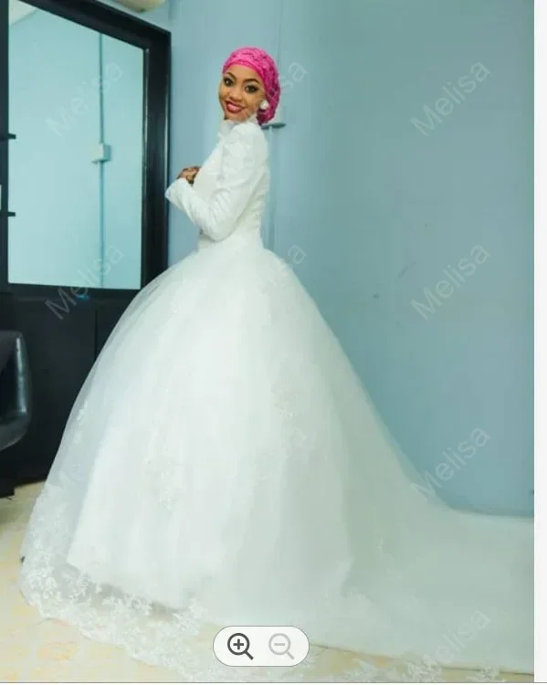 Customized Well Design Muslim Ballgown Wedding Dresses Sweep Train High Neckline Long Sleeves Satin Lace Applique Bridal Gowns