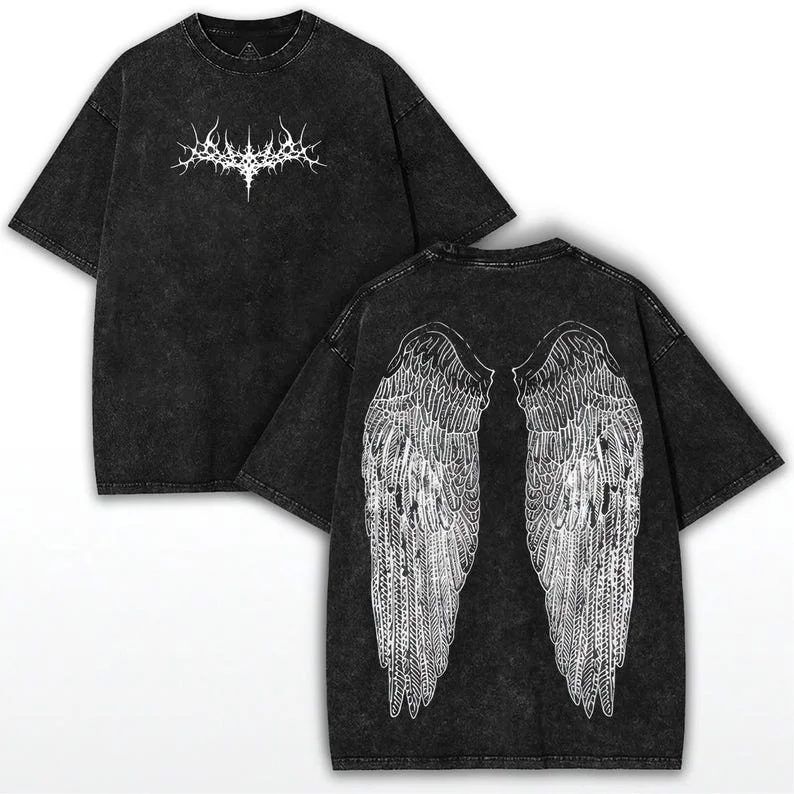 Y2K Gothic Angel Wings T-shirt: wash grunge street wear personality casual street fashion high quality round neck short sleeve