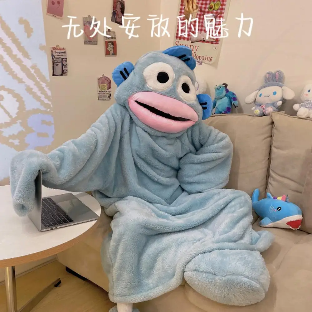 Cartoon Sanrioed Hangyodon Plush Pajamas Night-Robe Slippers Anime Kawaii Winter Warm Home Clothes Long Style Hooded Thicken