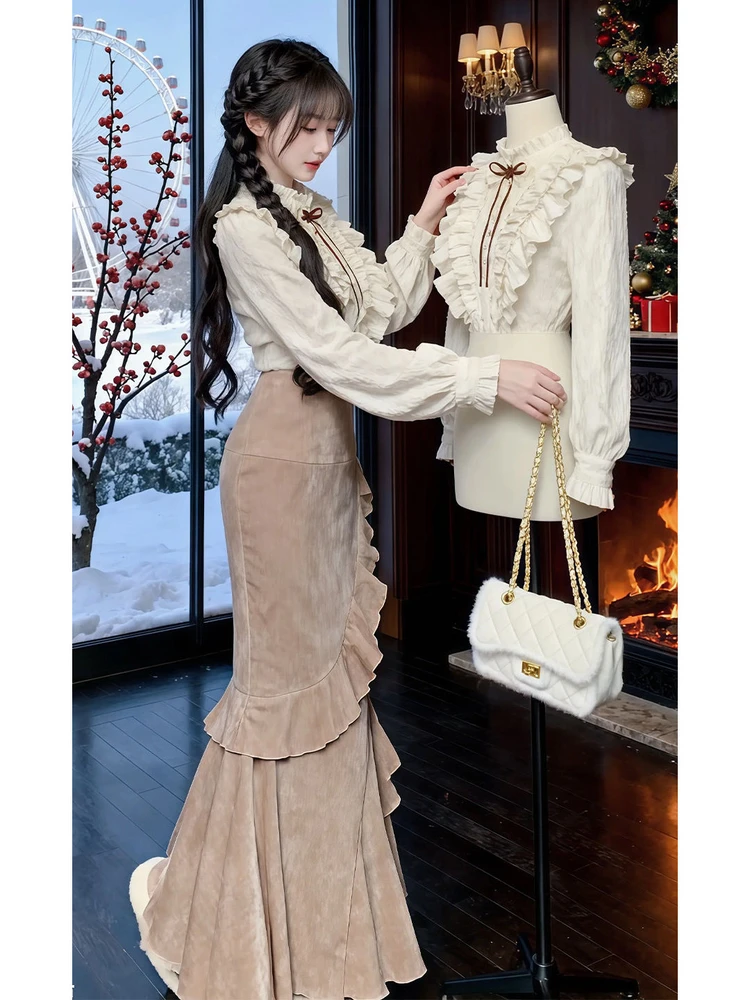 

Elegant Rich Girl New Year Spring Collection Women's Long Sleeve Shirt And Fish Tail Skirt Two Piece Set Fashionable Warmth