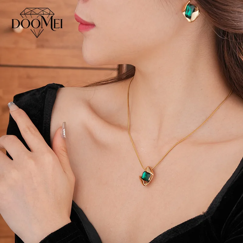 DOO MEI Luxury Geometric Emerald Glass Jewelry Set Women‘s Fashion Necklace and Stud Earrings Wedding Banquet Accessories