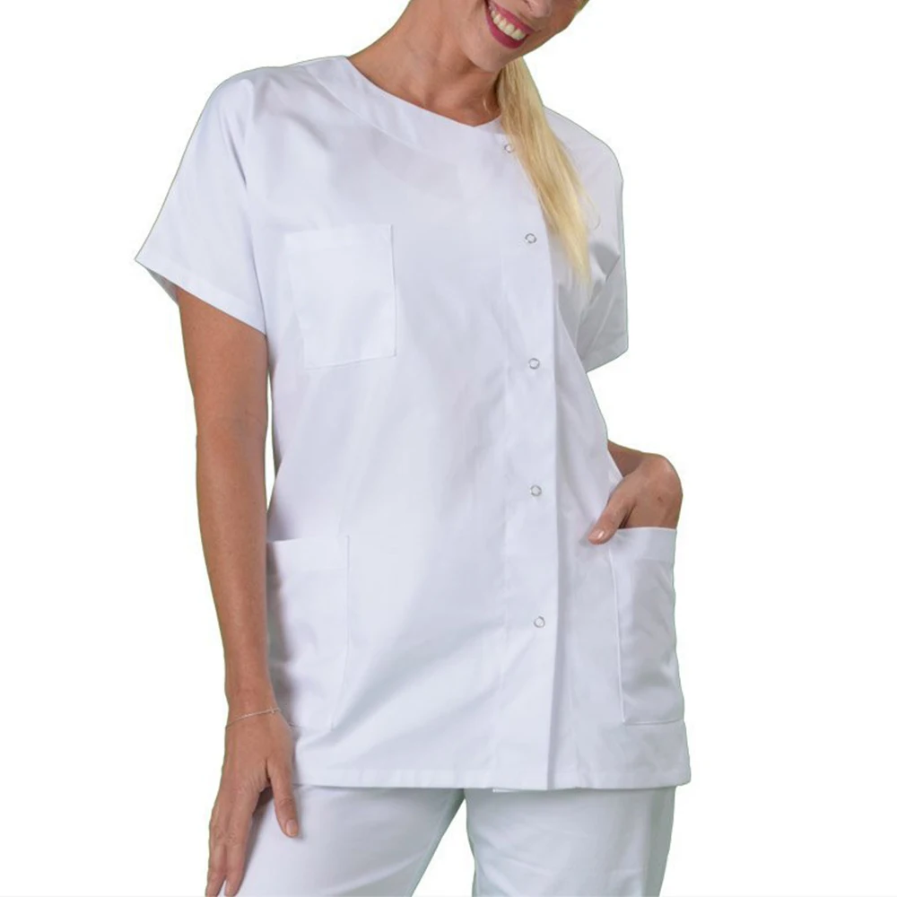 Vestido feminino masculino sem gola manga curta jaleco hospitalar roupa de trabalho tops uniformes branco respirável