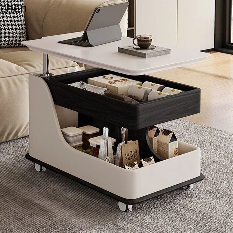 ZML Movable Tempered Glass Sofa Side Table Multi-Functional Solid Wood Creative Living Room Rock Board Small Trolley
