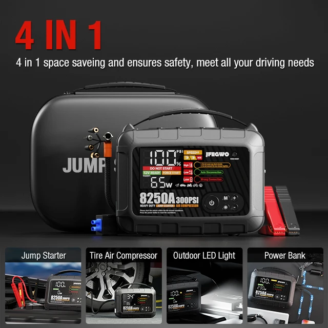 Factory Wholesales Jump Starter 8250A 12-volt 32000mAh Jump Starter with Air Compressor 300PSI Tire Inflato