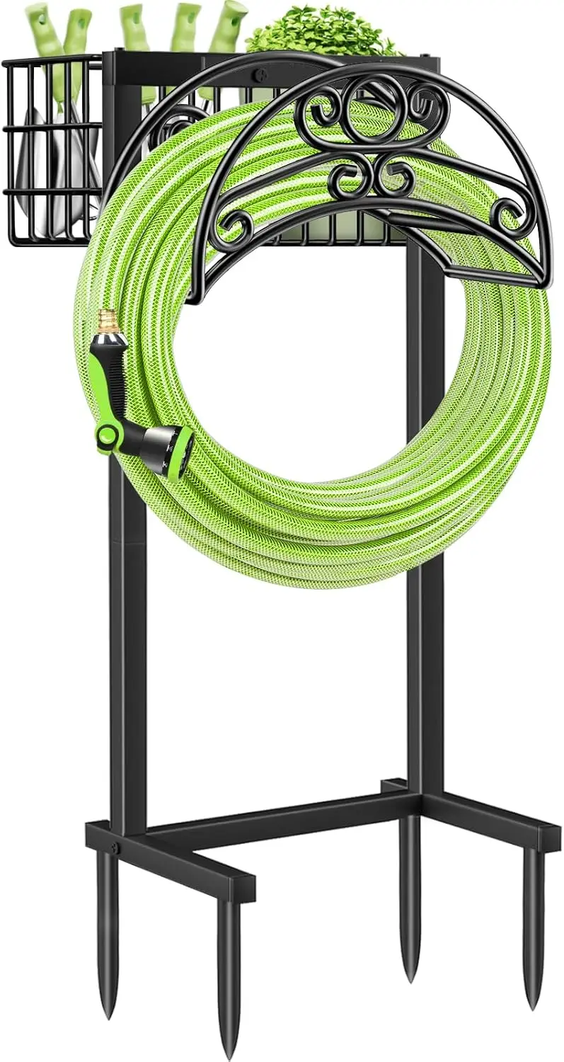 

Heavy Duty Garden Hose Holder with Large Storage Basket, Holds 160 Feet Hoses, Freestanding and Stable for Outside Yard