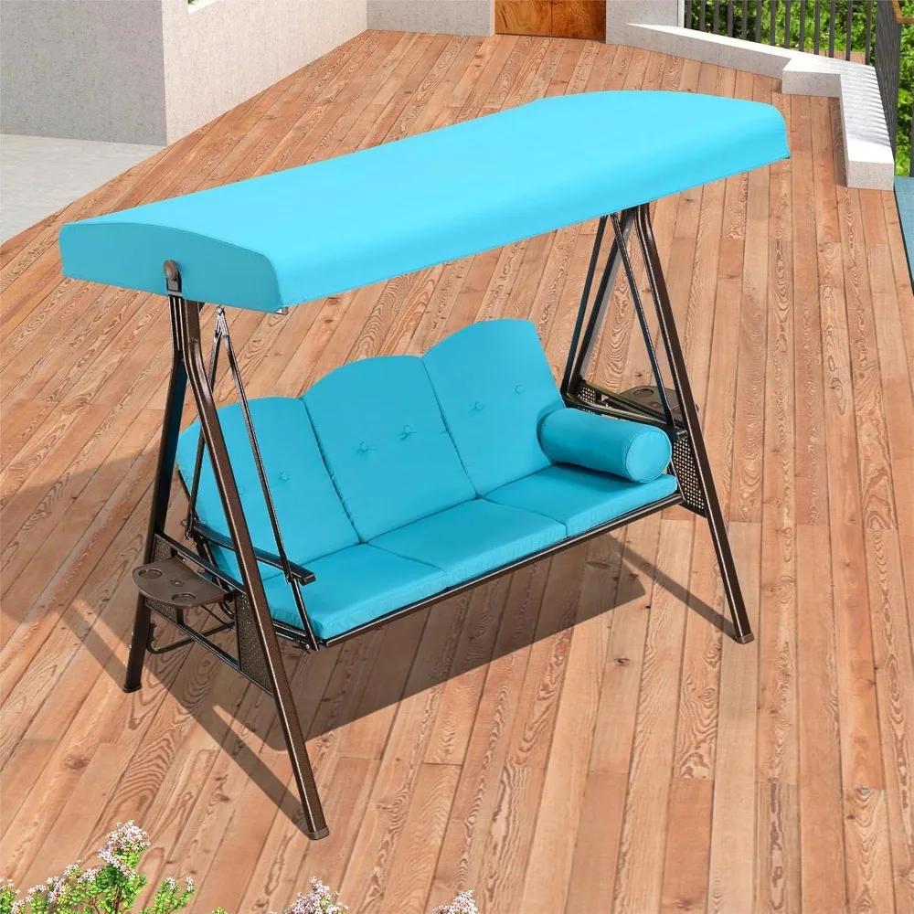 3-Seat Deluxe Outdoor Patio Porch Swing with Weather Resistant Steel Frame, Adjustable Tilt Canopy, Cushions and Pillow Included