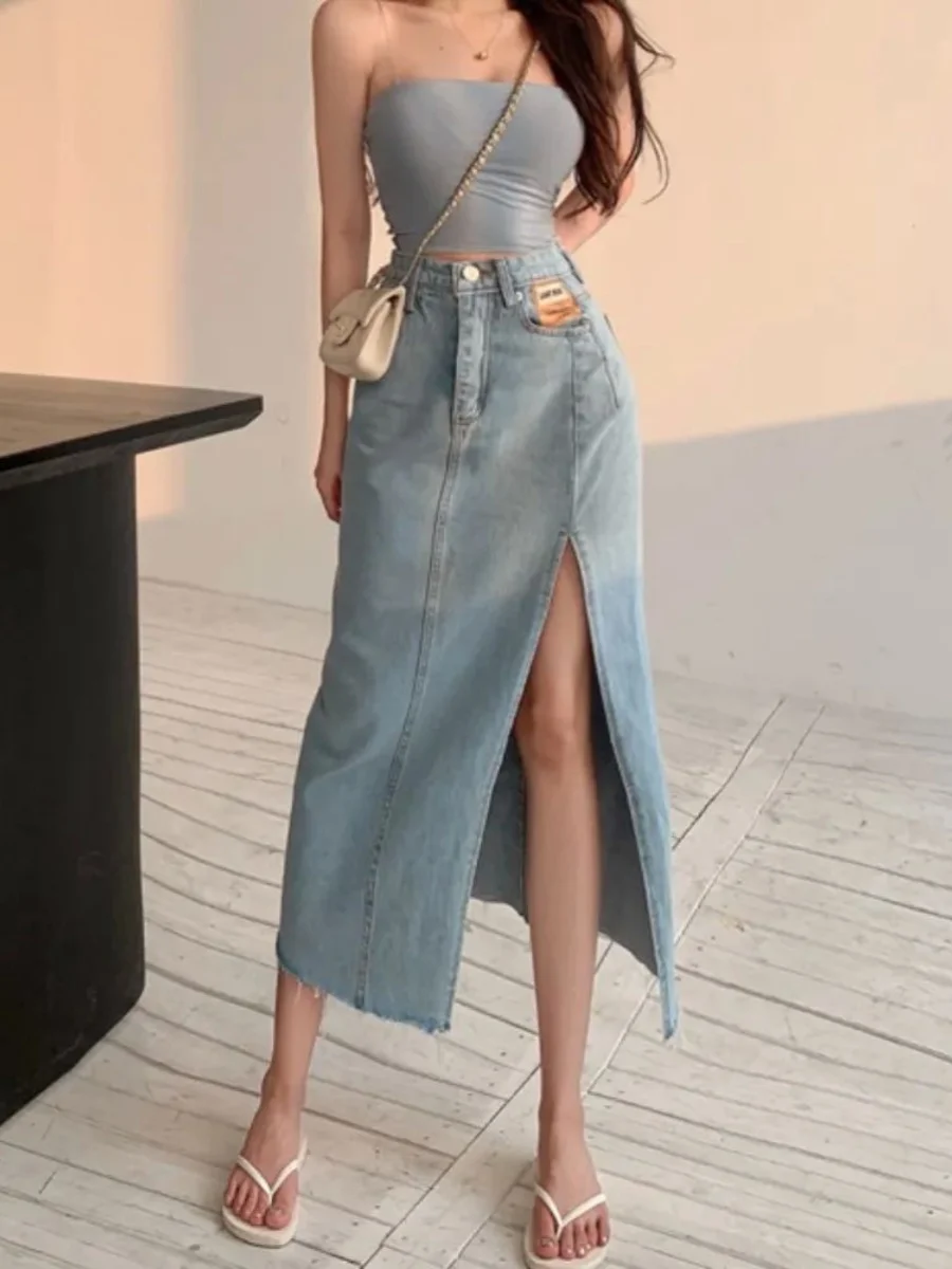 

High Waist Denim Split Skirt Mid-Length Wrap Buttos f Body Skirt Street Sle Pure Color A-Line Polyester Summer 2023