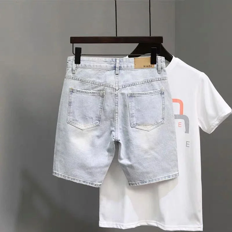 Cuffs Denim Shorts Men Slim Knee Length All-match Slouchy Summer Breathable Sporty Fitness European Style Retro Minimalist 2023