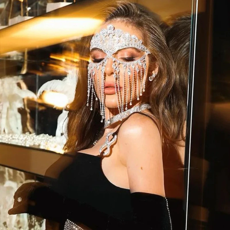 

Rhinestone Tassel Veil Masks Full Face Women Chains Face Mask Masquerade Dance Party Performance Sexy Facial Accessories Jewelry