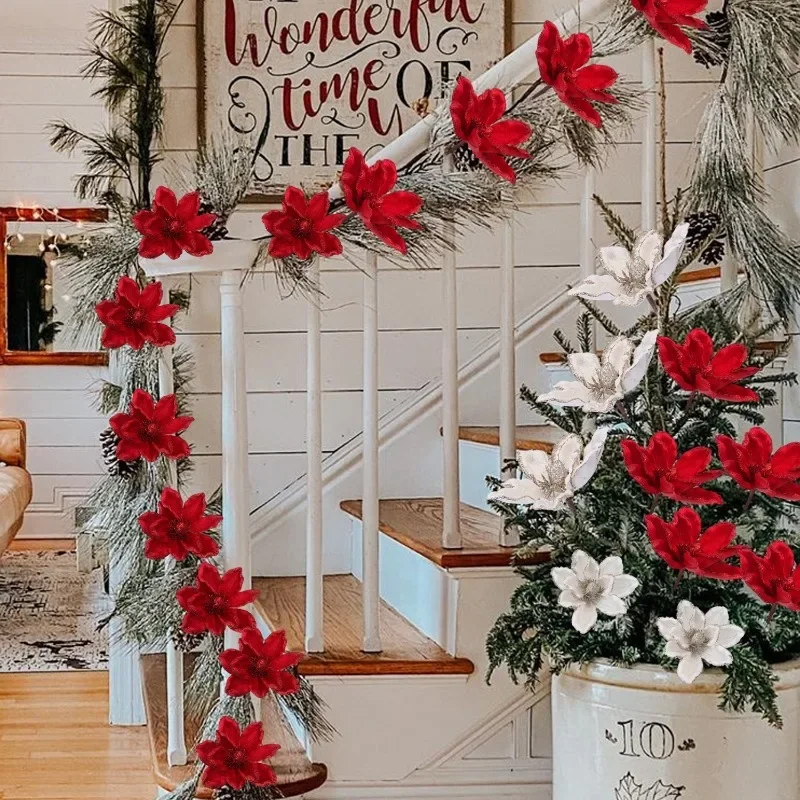 1/10 قطعة بريق اصطناعي زهور عيد الميلاد البونسيتة الحمراء لتقوم بها بنفسك ورد صناعي شجرة عيد الميلاد الحلي للمنزل السنة الجديدة لوازم الديكور #5