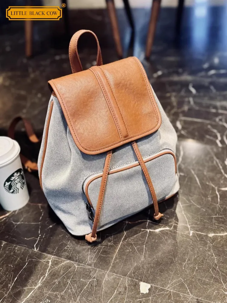 2026 Womens Genuine Leather Patchwork Canvas Backpack New Style Female Fashion Travel Bags Drawstring Casual Backpacks Hot Sale