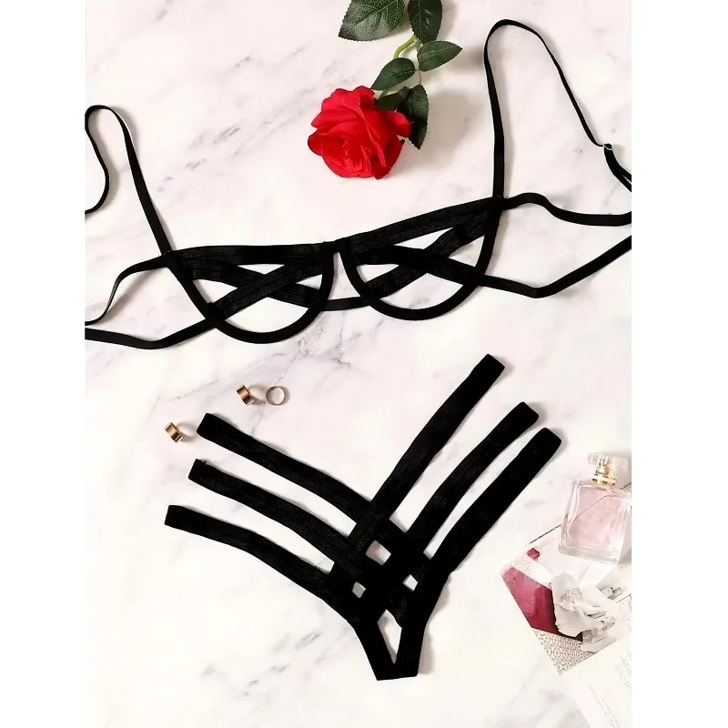 

Bondage Harness Lingerie Set Womens Elastic Hollow Out Bra Sets Black Cupless Cage Bras Thong Sexy Intimates Exotic Underwear