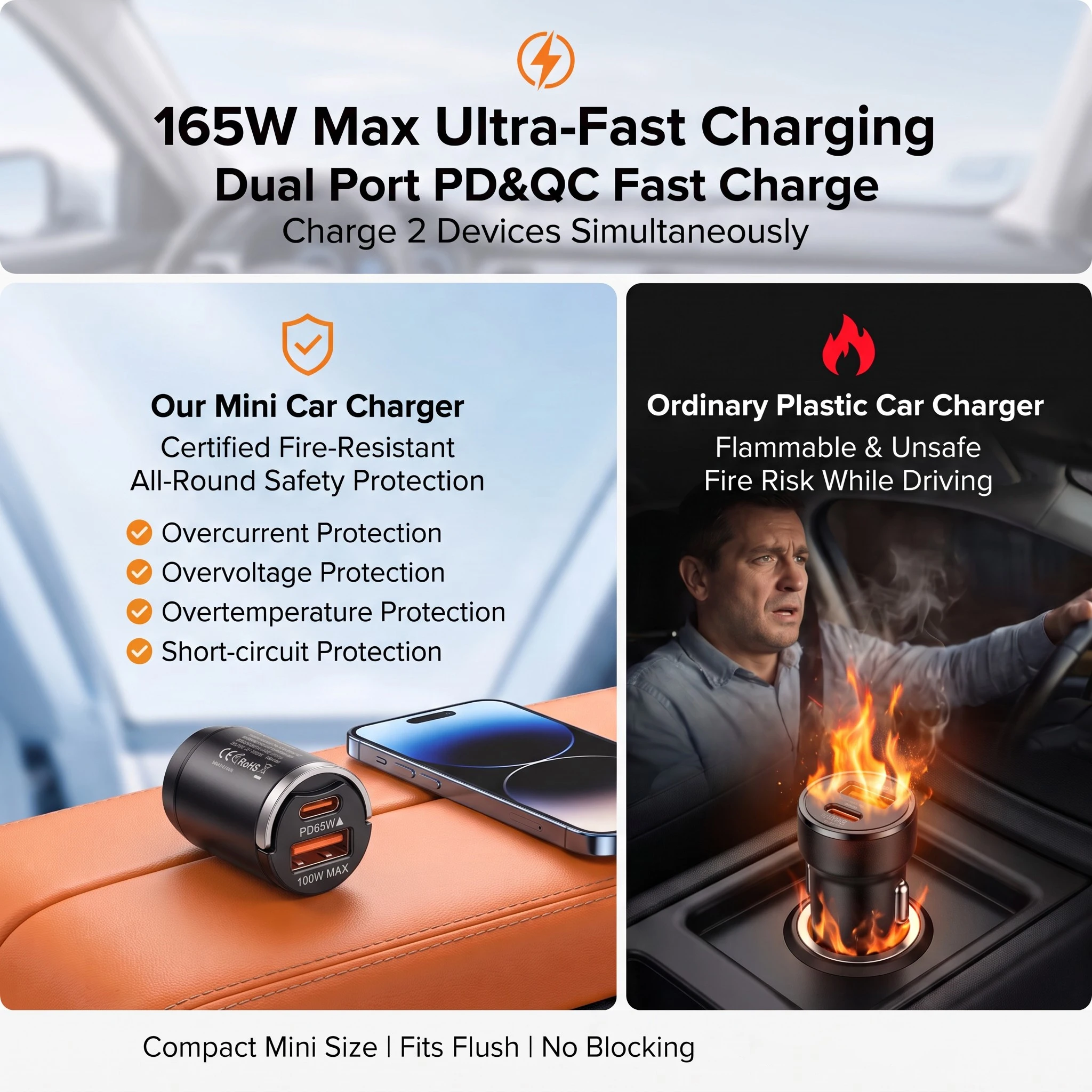 165W Rapid Charge Car Charger Low Profile Metal Flush Mount with 65W USB C and 100W USB A Outputs for Cars Trucks SUVs and Vans