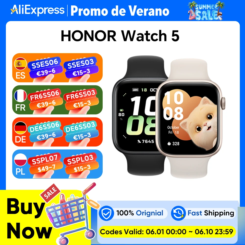 Versión Global HONOR Watch 5 Smartwatch Seguimiento GPS preciso Escaneo rápido de salud Pantalla grande de 1,85 pulgadas GPS compatible con IP68