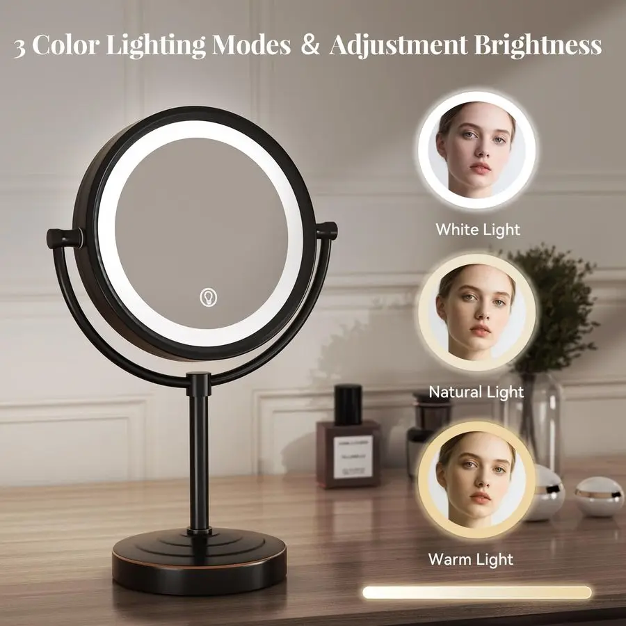 مرآة مكياج مضاءة بإضاءة LED قابلة لإعادة الشحن مقاس 8.5 بوصة مع تكبير 10x وبطارية 4500 مللي أمبير في الساعة مرآة زينة مزدوجة الجوانب OilRu