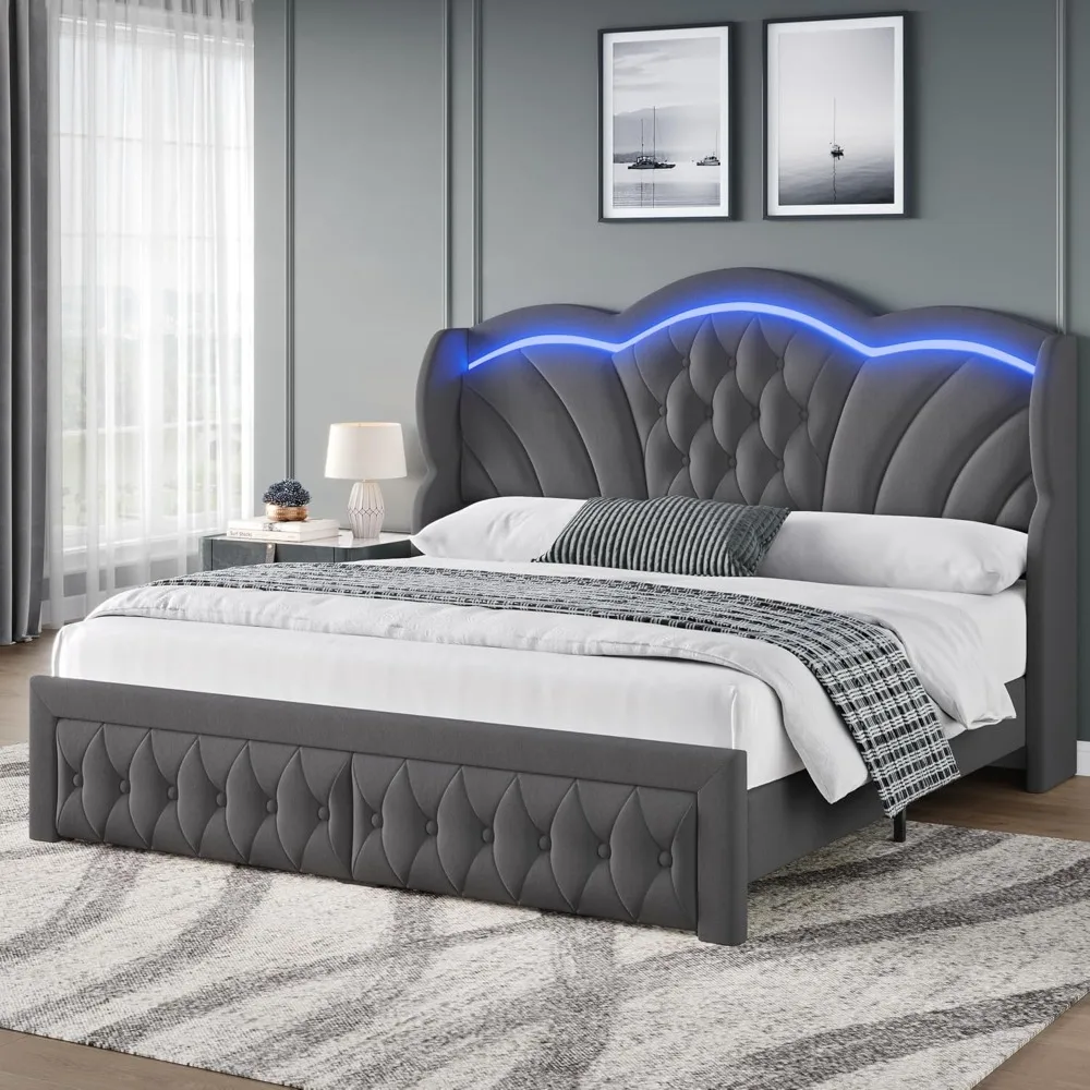 

Full Bed Frame Arc-Shaped LED Lights and 47.2 Height Wingback Bed, Button Tufted Headboard and Footboard with Storage Dra