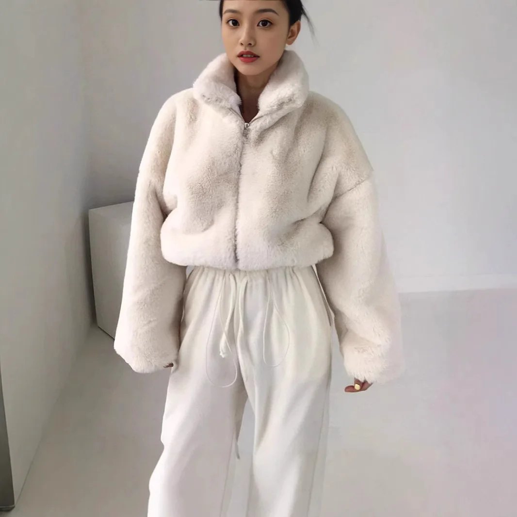 Faux Fur Jacket Coatผู้หญิงVINTAGE Streetwear Stand-up COLLARกระต่ายขนสัตว์Outerwearฤดูใบไม้ร่วงฤดูหนาวหนาWARM Plush JACKET