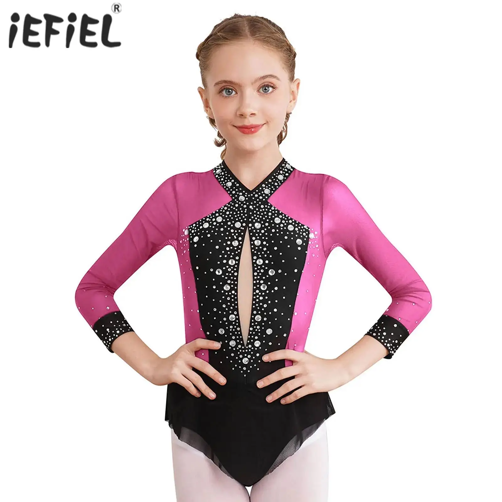 Kids Girls Rhinestones Ballet Dance Leotard Skirted Figure Skating Rhythmic Gymnastics Athletic Activewear Bodysuit Biketard