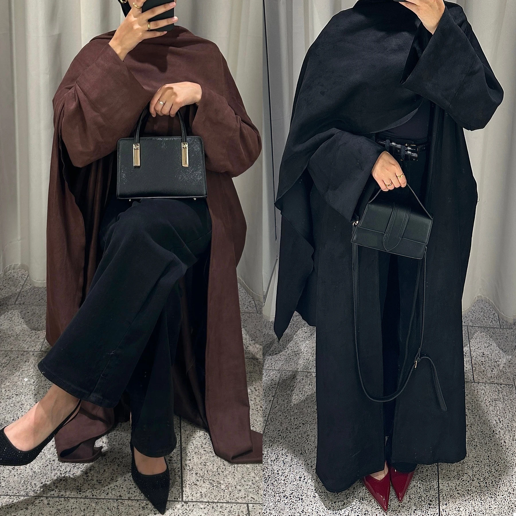 

Dubai Fashion Muslim Dress Open Kimono Abaya with Cape One Piece Suede Ramadan Occasions and Middle East Autumn Winter Dressing