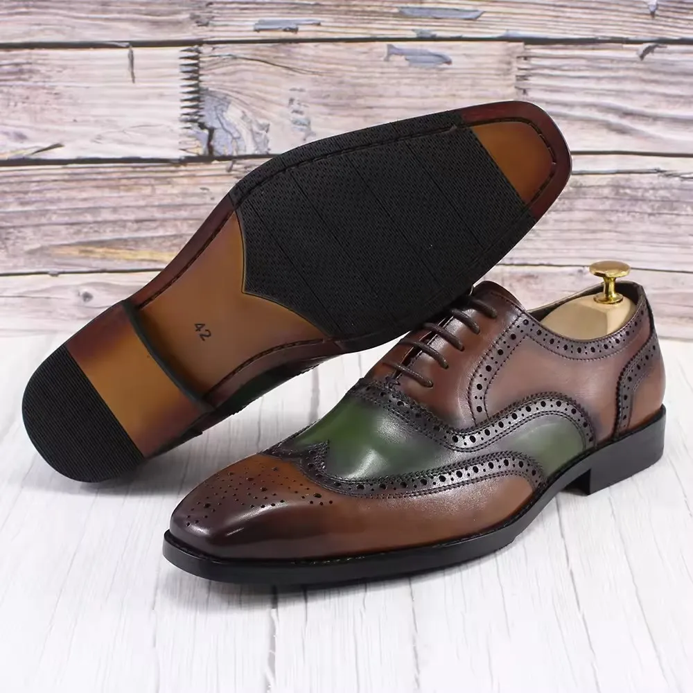 Men Leather Shoes Business Formal Oxford Shoes Top Layer Cowhide Brogue Carved  Square Head Fashion Men Shoes