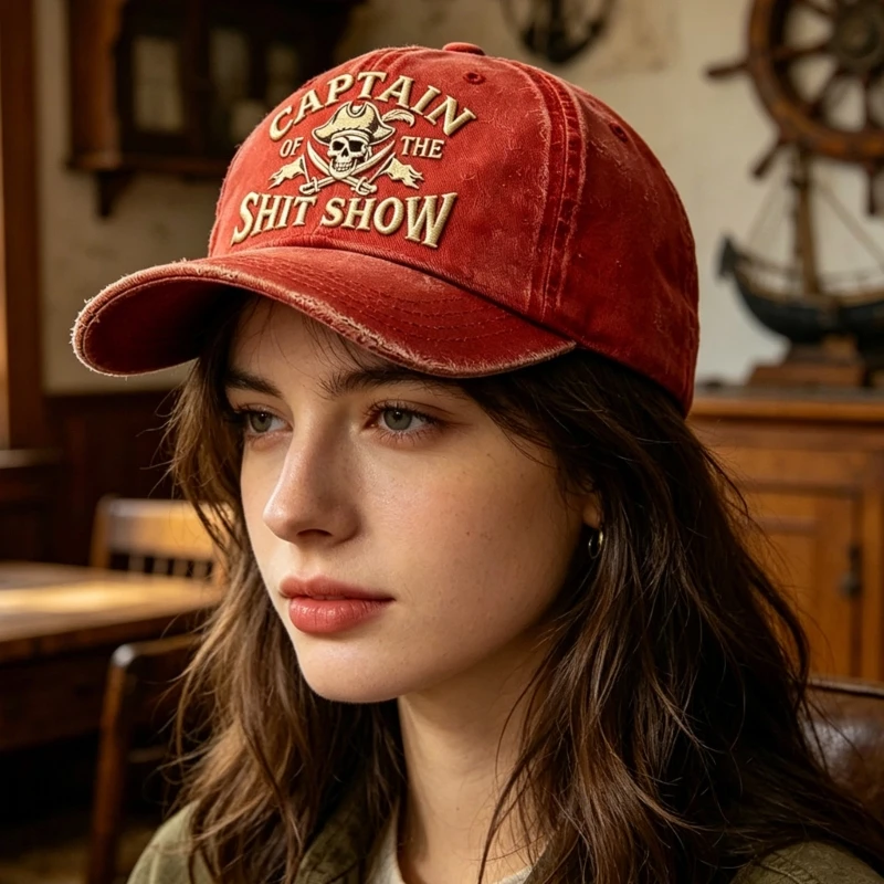 Embroidered Baseball Cap for Adults Aged Cotton Pirate Skull Hat, Adjustable Distressed Bill Casual Travel Wear Y08E