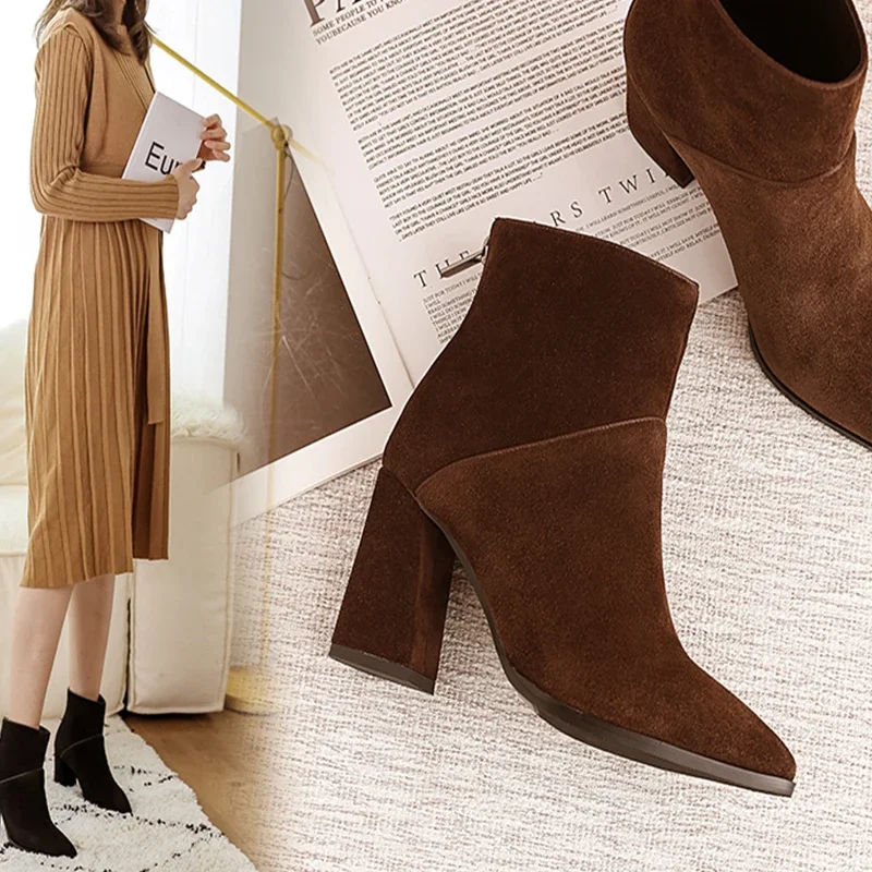 women Ankle boots Genuine Leather plus size 22-26.5 cm feet length ankle boots pointed toe side zipper winter shoes women