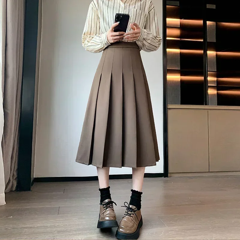 Autumn and Winter Solid Color Korean Fashion Pleated Skirts Women's High Waist Mid Length A-line Skirt Preppy Style