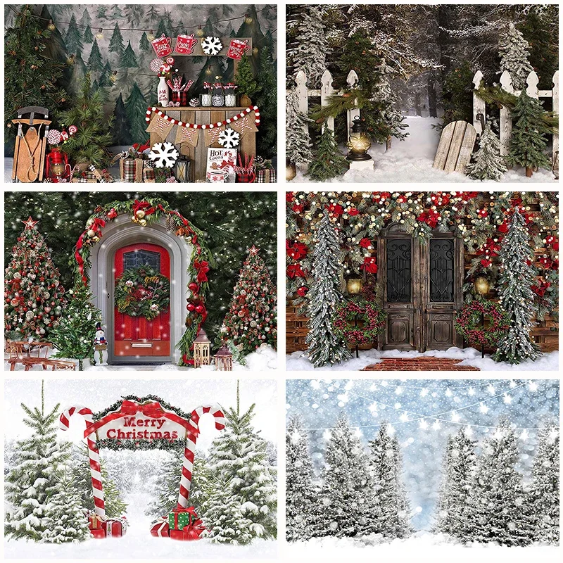 Christmas Gift Shop Snow House Photography Background Santa XMAS Tree New Year Backdrop Wreath Studio Prop Home Party Banner