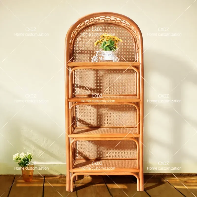 Rattan Bamboo Bookshelf Solid Wood Floor Rack Pure Rattan Locker Bedroom Storage Living Room Door Multi-layer Shoe Rack