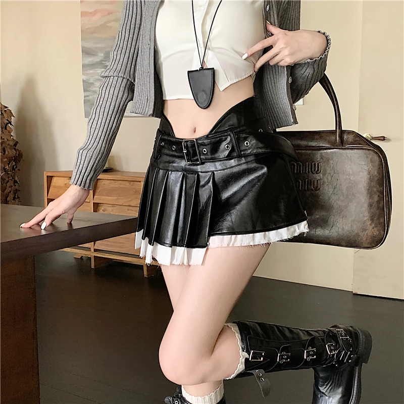 Women's Mini Pleated Skirt Korean Coquette 2000s Aesthetic Party A-line Coquette Gyaru Pu Faux Leather Design Hot High Street