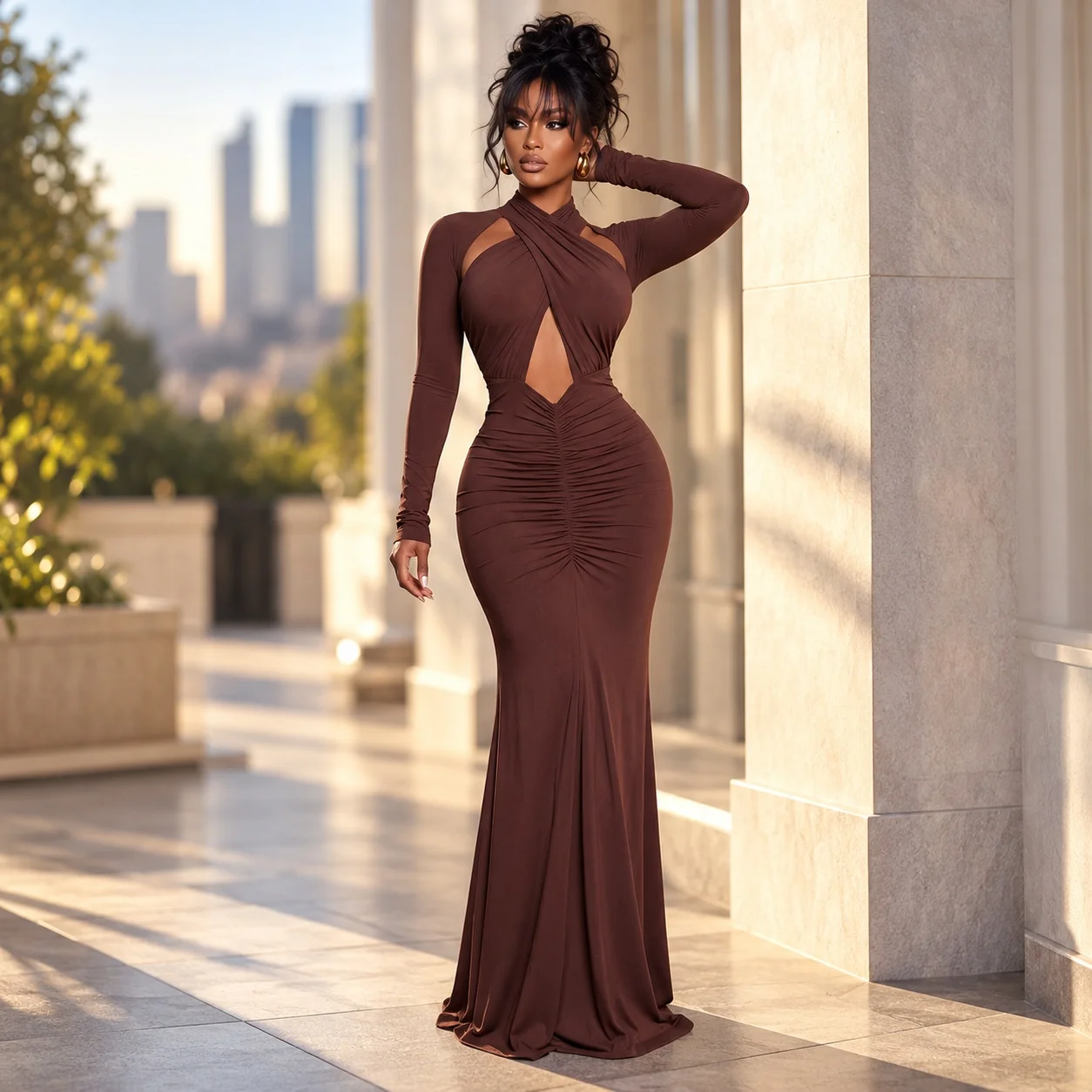 Pullover Long Sleeve Dress Slim Fit Streetwear with High Neck Slim Silhouette European and American Style Spring Daily for Women