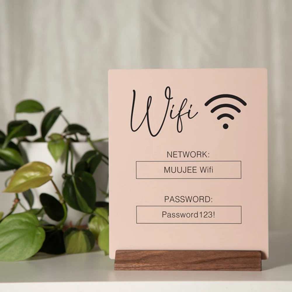 Custom WiFi QR Code Acrylic Table Sign with Wood Base Scannable to Connect Internet Signage for Home Airbnb Salon Spa Business