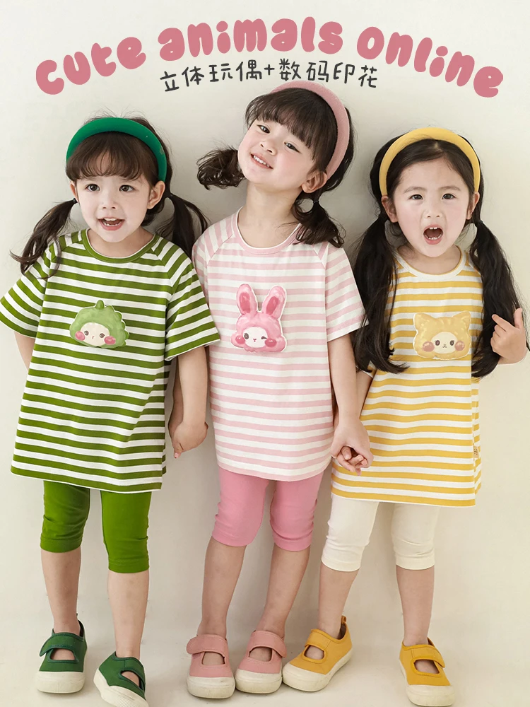 

Girls' Medium and Long T-shirt 2023 Summer New Baby Girl Stripe Contrast Cartoon Short Sleeve Top