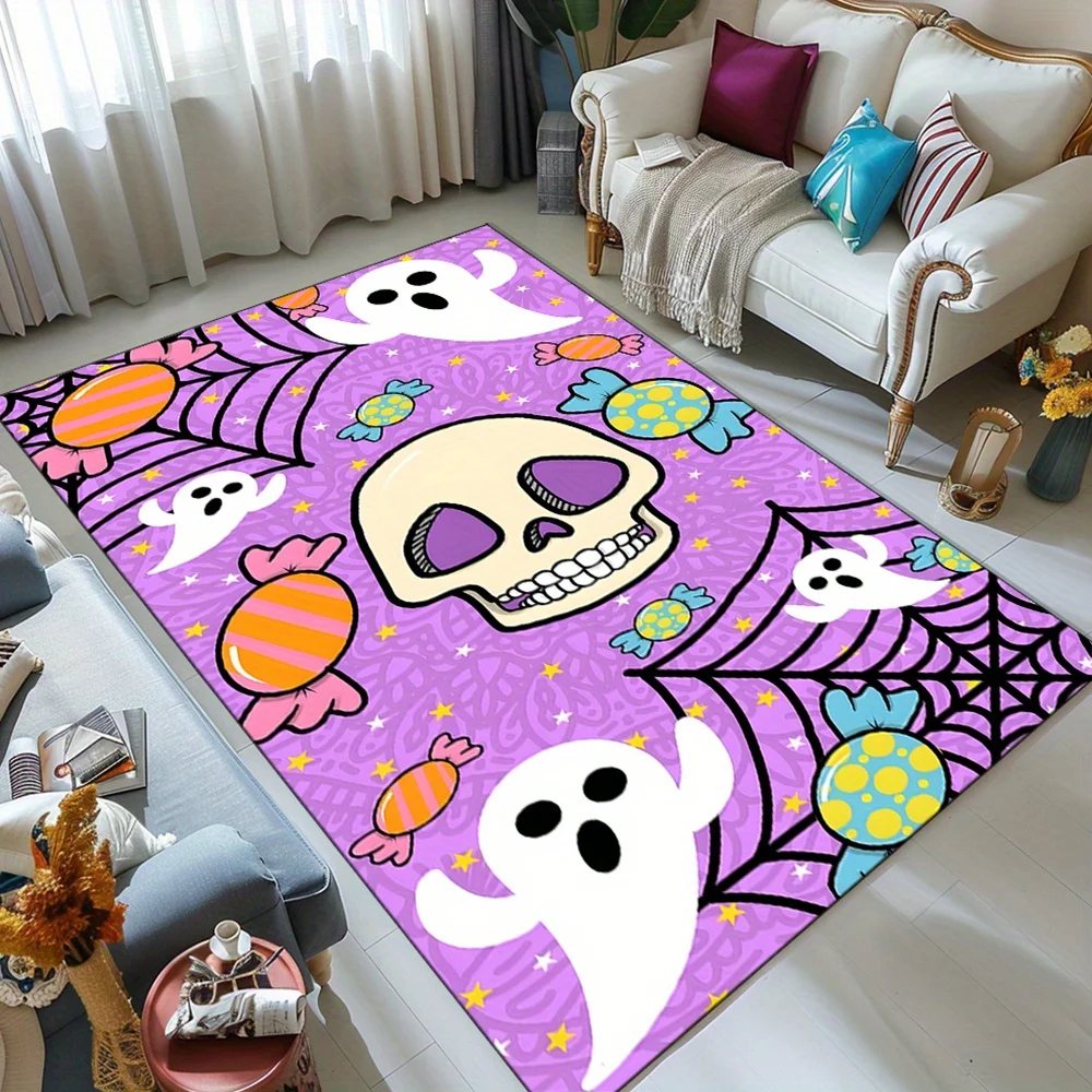 

Spooky Skull & Halloween Area Rug - Vibrant Purple Crystal Velvet Carpet with Playful Ghosts, Skulls, and Candy Design - Durable