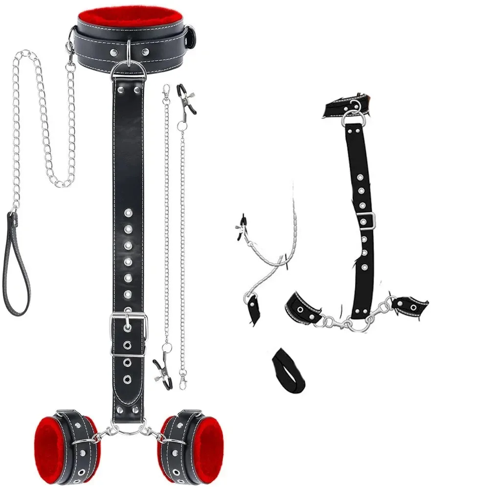 Adjustable Plush Lined PU Leather Wrist Ankle Cuffs BDSM Bondage Restraint Kit Erotic Role Play Toy For Adult Couples view 3