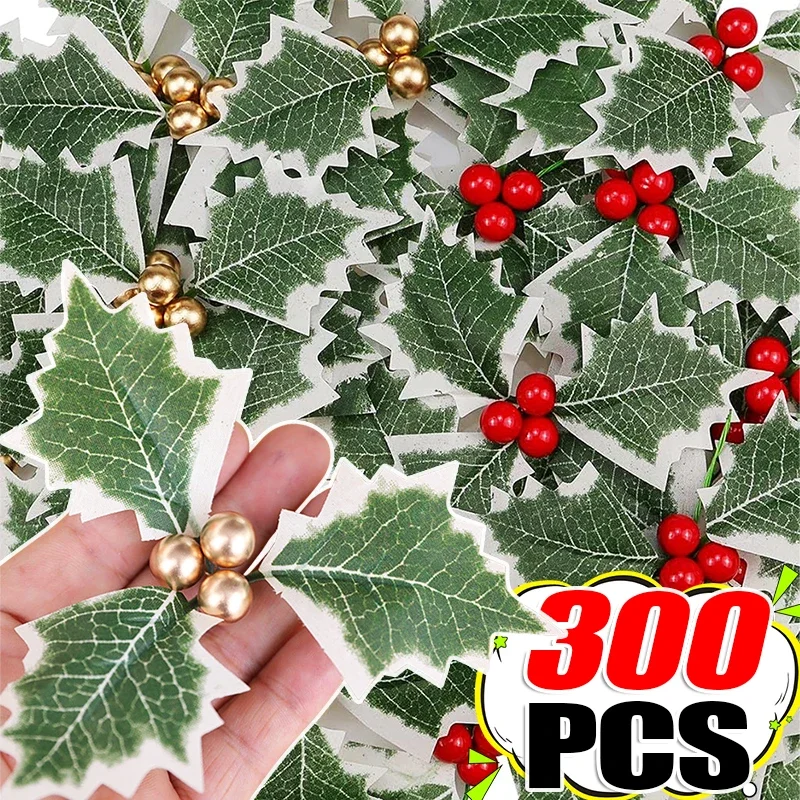 Christmas Holly Green Leaves Berry Artificial Red Gold Berries Stems Flower DIY Wreath Ornaments Gifts Party Home Decorations