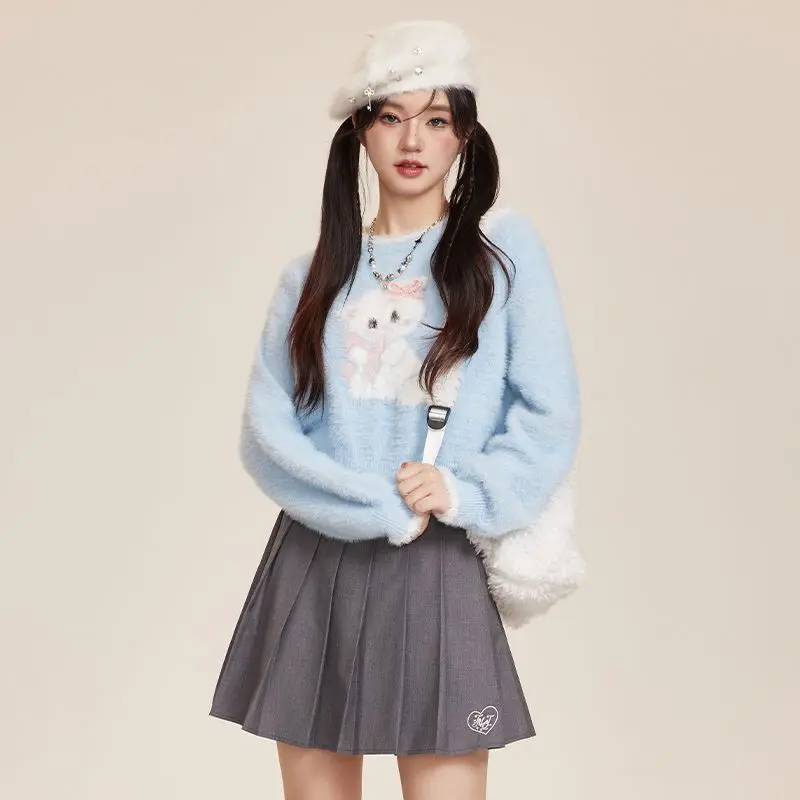 Preppy Style Cartoon Kawaii Cat Y2k Sueter Mujer Knitted Pullovers Japanese O Neck Sweaters High Waist Slim Short Sweet Women