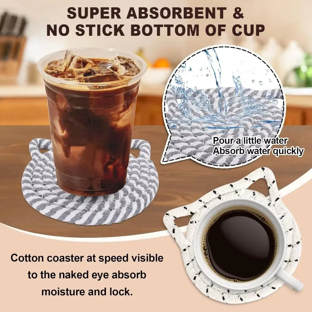 4/8 Pcs Woven Cat Ear Coasters Non-Slip Base High-Temperature Resistant Cotton Drink Coasters Nordic Style with Storage rack