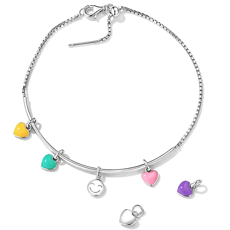 WOSTU 925 Sterling Silver Candy Colored Round Spacer Beads Heart Charms Pendant For Women Fit Original Bracelets DIY Necklace