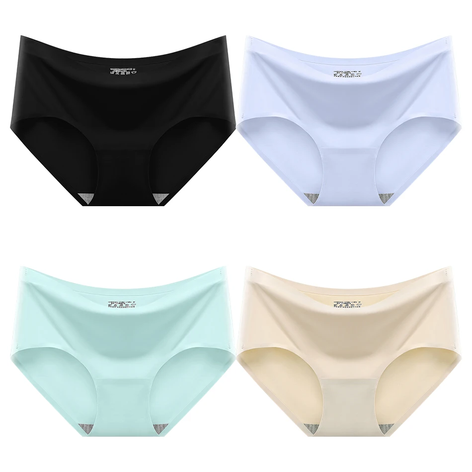 Women Ice Silk Traceless Elastic Waistband Fit Underwear Four Piece Set Mid Waist and Lift Buttocks Shaping Sexy Comfort Panties