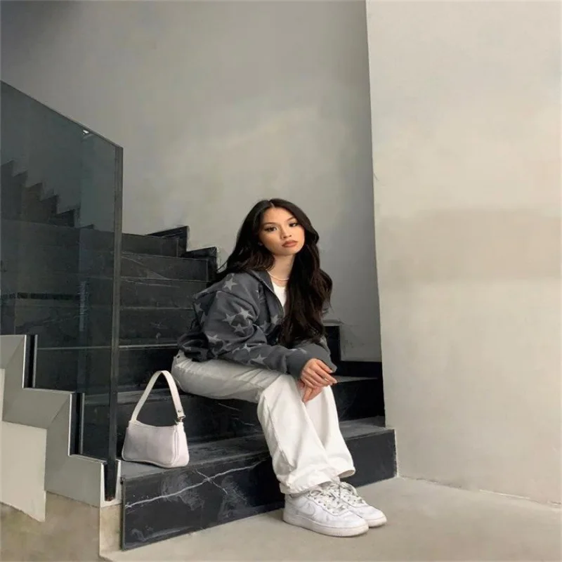 

2025 Winter New Star Printed Casual Fashion Cotton Cardigan Hoodie Jacket for Women