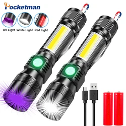 Multifunctional LED Flashlight UV Light/White Light/Red Light 7 Switch Modes Flashlights Waterproof Torch Zoomable Flashlight