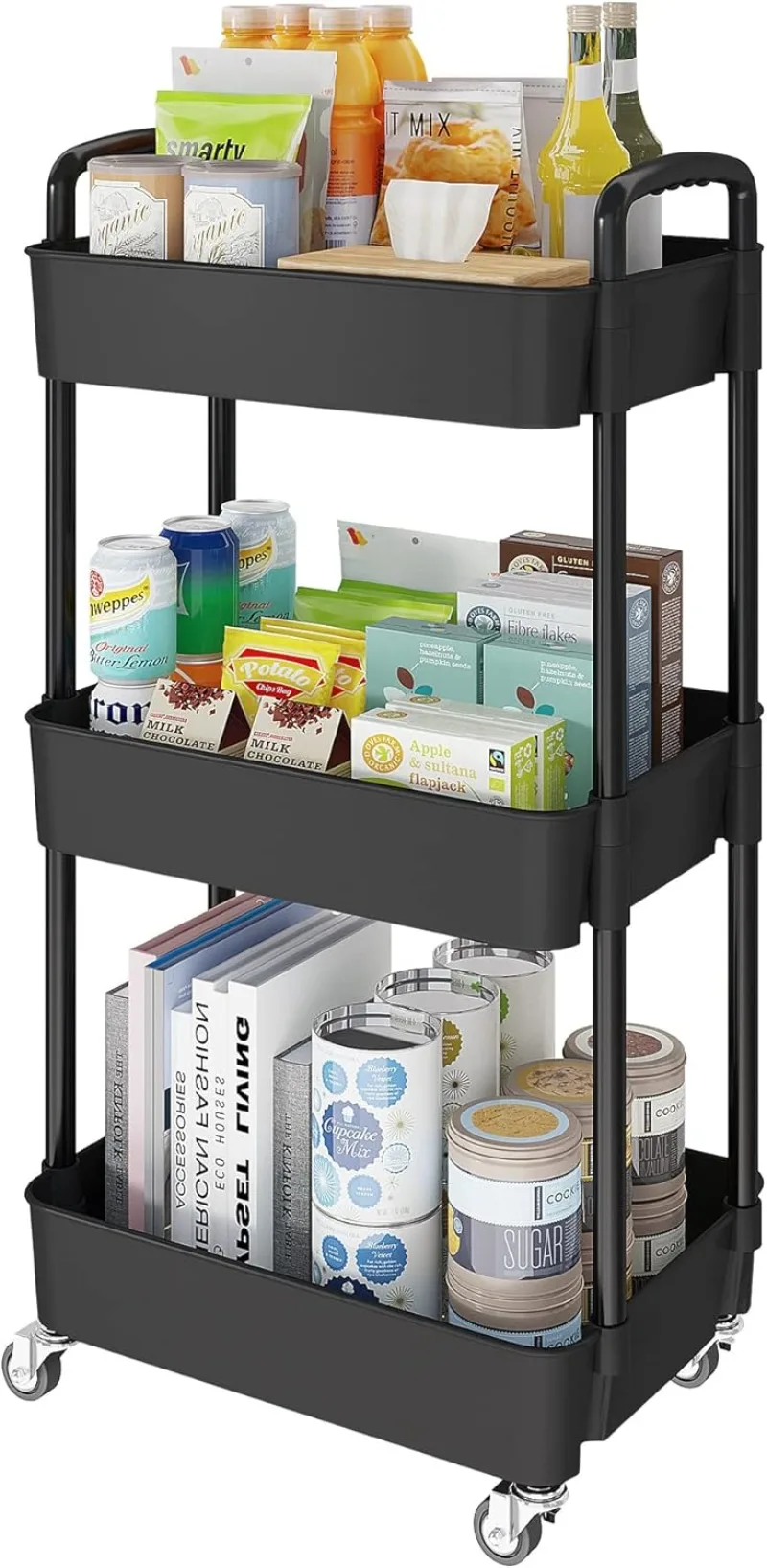 3-Tier Kitchen Storage Cart,Multifunction Utility Rolling Storage Organizer,Mobile Shelving Unit Cart with Lockable Wheels for