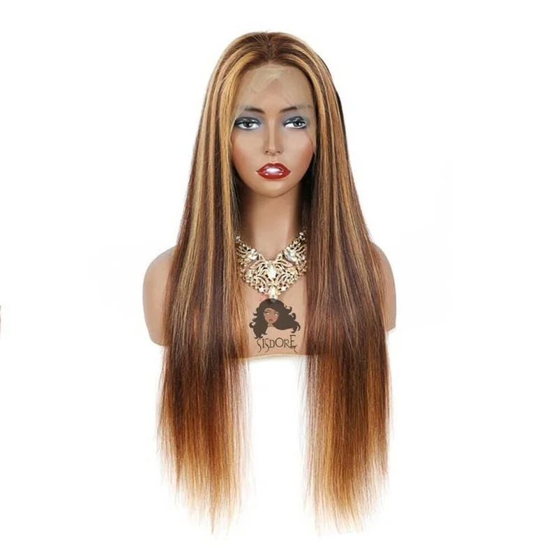 Straight Brown Mixed Blonde 13x4 T Part Lace Front Human Hair Wig Glueless