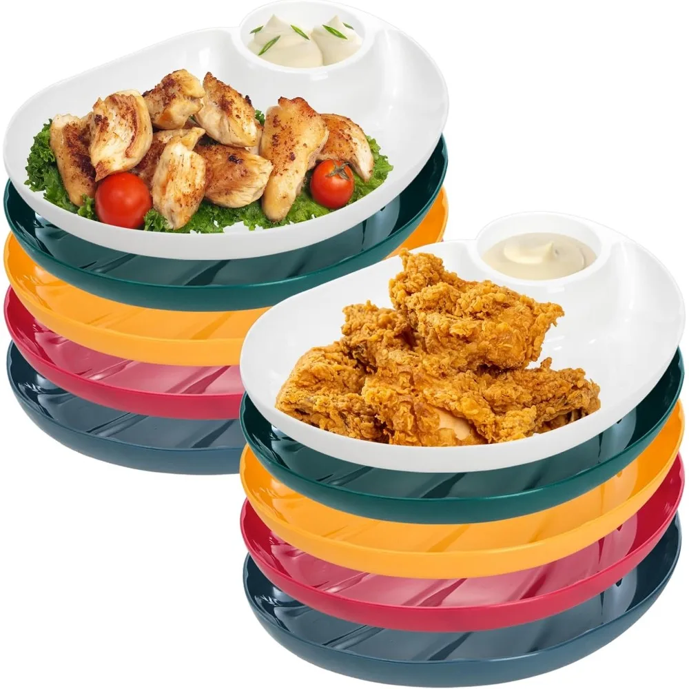 10 عبوات من أطباق تقديم الرقاقة والغمس، 9 × 6.5 طبق زلابية عشاء بلاستيكي كبير قابل لإعادة الاستخدام مع حجرة صلصة للتاكو، الجمعة