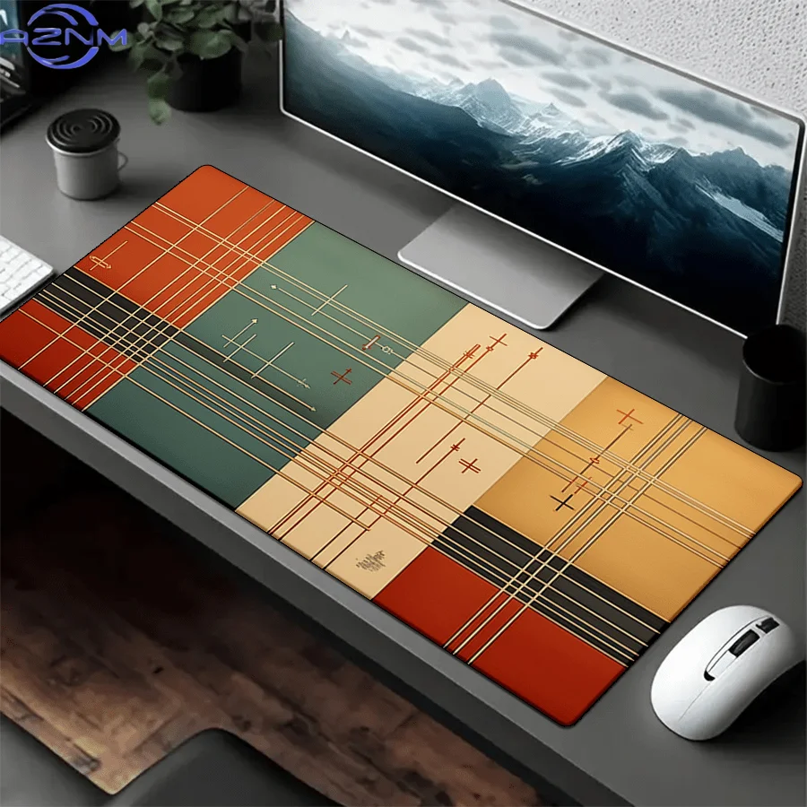 Extra-Large 4mm Thick Desk Mat - g Washable Rubber Mouse Pad with Non-Slip Base, Vibrant Geometric Design in Orange, Beige, Gree
