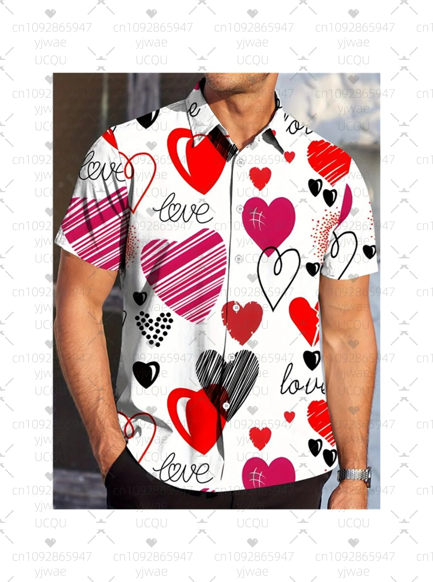 2026 Mens Valentines Day Love Heart Print Streetwear Men Women Casual Oversized Short Sleeve Couple Shirt Blouse Man Clothing
